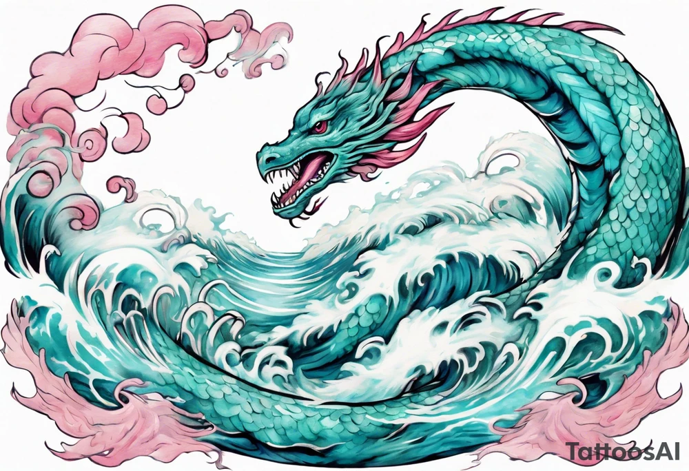 a turquoise and white and pink feathered sea serpent emerging from the stormy sea, kind and beautiful tattoo idea