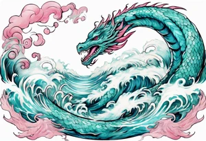a turquoise and white and pink feathered sea serpent emerging from the stormy sea, kind and beautiful tattoo idea