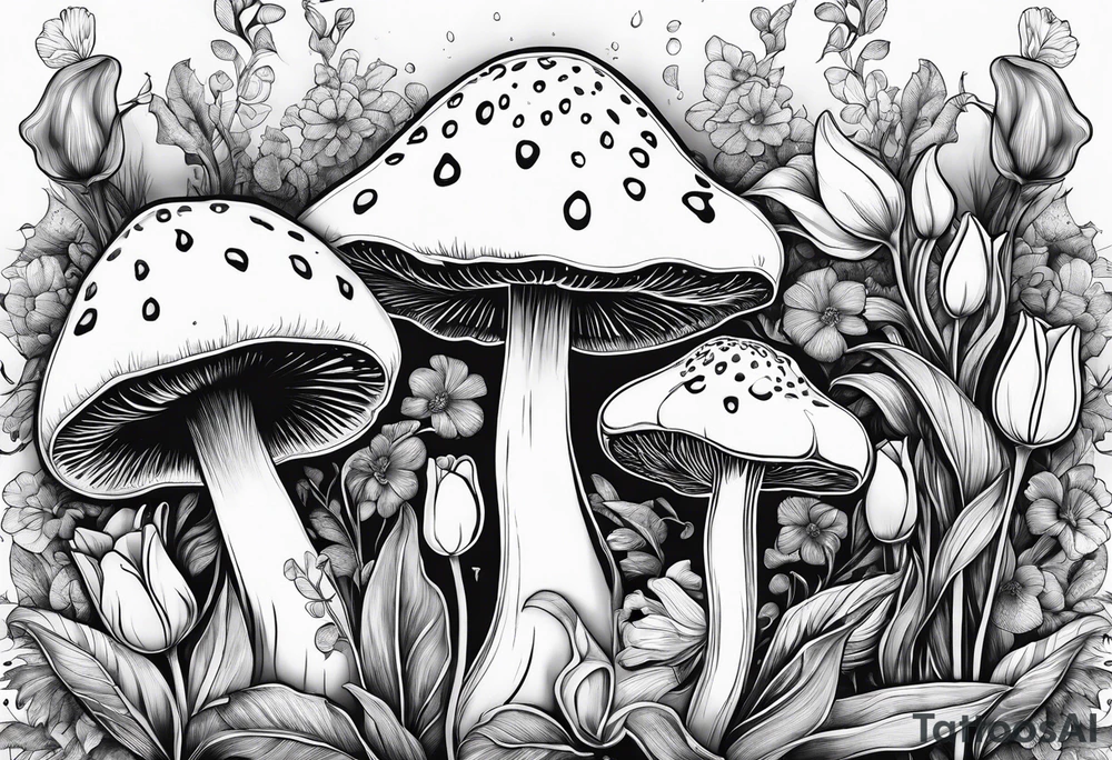 Amanita mushrooms, plants, tulips, serotonin symbol, semi colon tattoo idea