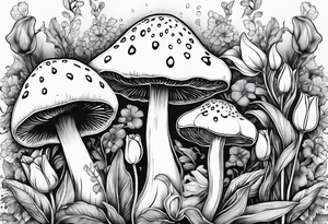 Amanita mushrooms, plants, tulips, serotonin symbol, semi colon tattoo idea