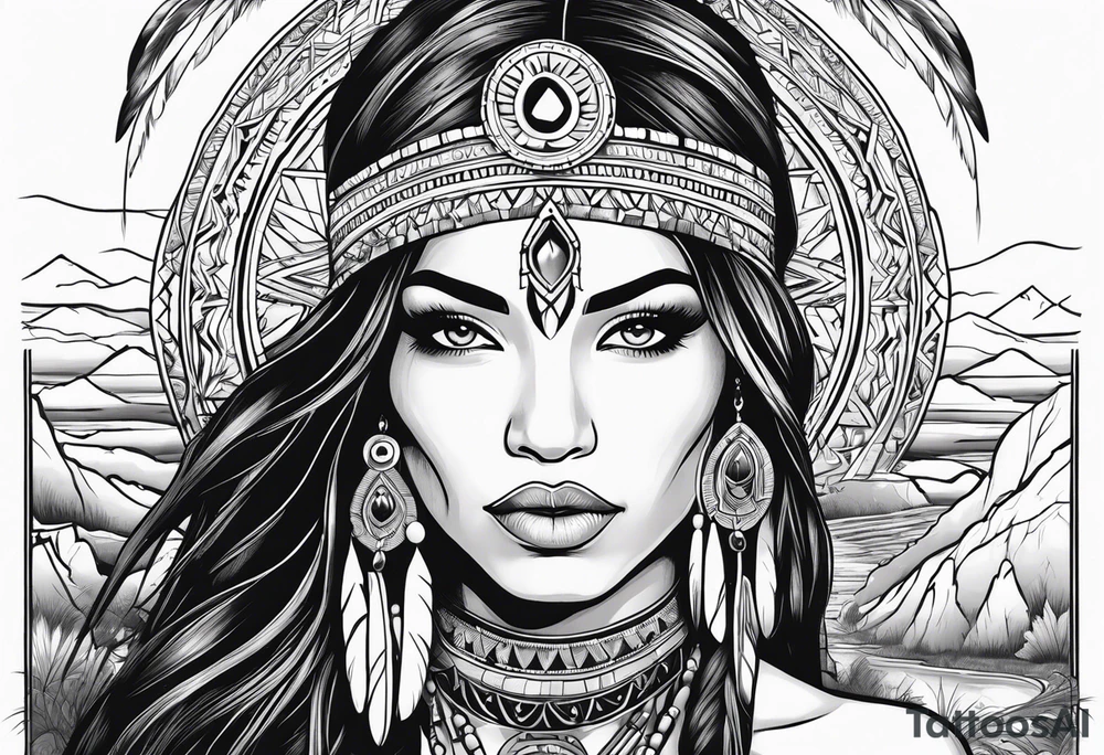 A native American Indian woman by a waterfall she is Aquarius water barrer she has tattoos and her eyes can see right through you tattoo idea