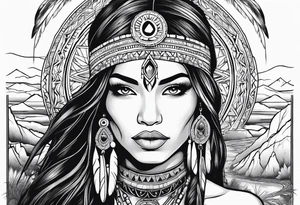 A native American Indian woman by a waterfall she is Aquarius water barrer she has tattoos and her eyes can see right through you tattoo idea