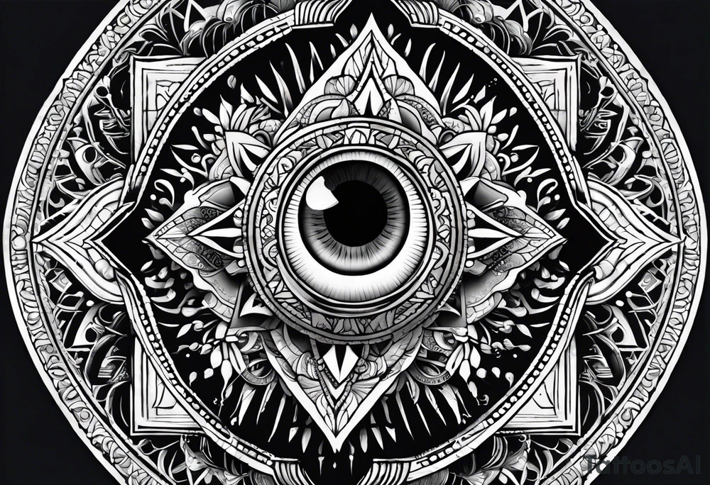 Combine the concept of the third eye with a mandala, incorporating religious symbols and intricate patterns, representing spiritual insight, intuition, and enlightenment. tattoo idea