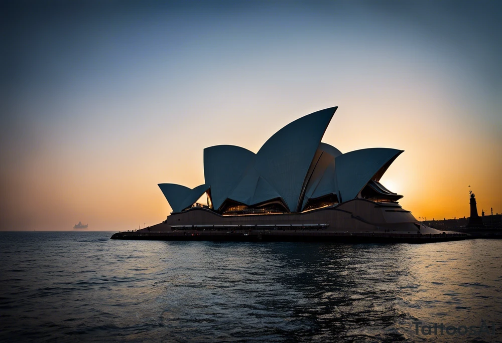At the center - the silhouette of the Opera House, the city's iconic landmark embodying its cultural life. Beneath it - the monumental Potemkin Stairs descending to the sea. In the foreground - a ship's wheel, reminiscent of Odessa's port heritage, and a lighthouse guiding ships. All framed by the waves of the Black Sea. The tattoo embodies Odessa's rich history, culture, and inseparable bond with the sea through its main symbols. tattoo idea