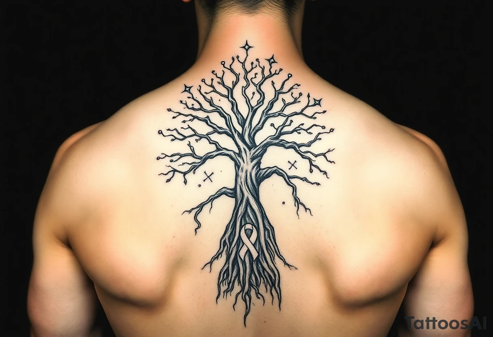 mystical tree of life with cosmic roots and celestial branches with HIV-positive symbol tattoo idea
