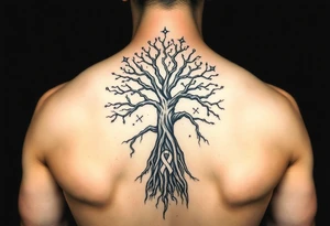 mystical tree of life with cosmic roots and celestial branches with HIV-positive symbol tattoo idea