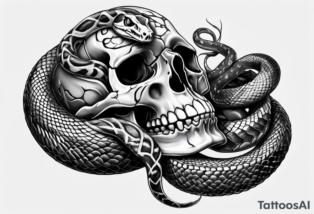 Snake intertwined into a realistic skull tattoo idea