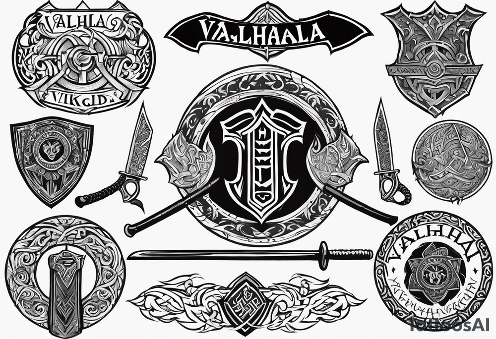 Valhalla viking gods shield hatchet sword tattoo idea