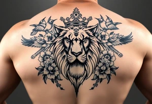 powerful majestic lion with a crown, surrounded by floral ornaments and birds tattoo idea