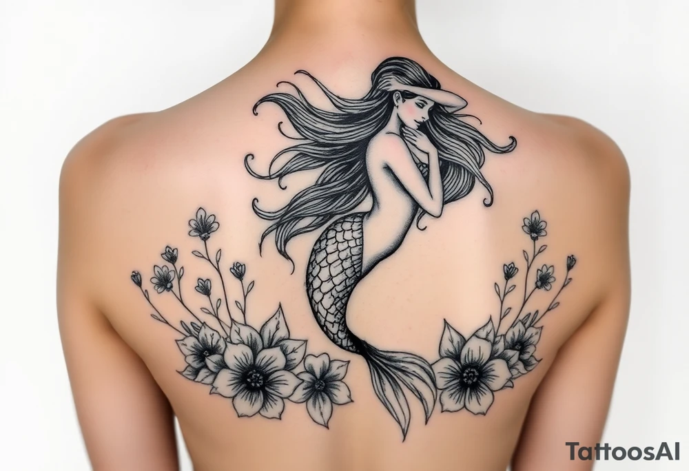 ethereal mermaid with flowing hair among coral and sea flowers tattoo idea