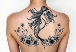 ethereal mermaid with flowing hair among coral and sea flowers tattoo idea
