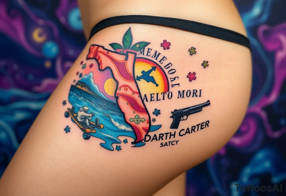colorful futuristic memory tattoo for passed boyfriend; Florida, gulf coast water, Harley Davidson, skateboarding, puzzle pieces, video games, heaven, god, outdoors, guns, disc golf, words "MEMENTO MORI" & DARTH CARTER tattoo idea