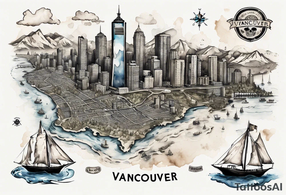 A overview old school map of vancouver B.C with water drop staining and a skull tattoo idea