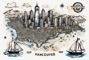 A overview old school map of vancouver B.C with water drop staining and a skull tattoo idea