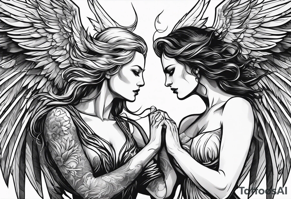 angel woman and devil woman fighting on the sky , big wings , angel at the right , tattoo idea