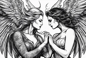 angel woman and devil woman fighting on the sky , big wings , angel at the right , tattoo idea