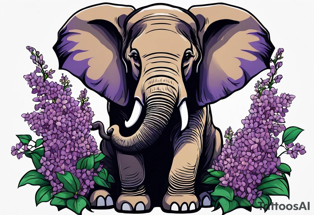 Seated elephant holding lilacs in trunk tattoo idea