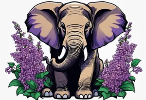 Seated elephant holding lilacs in trunk tattoo idea