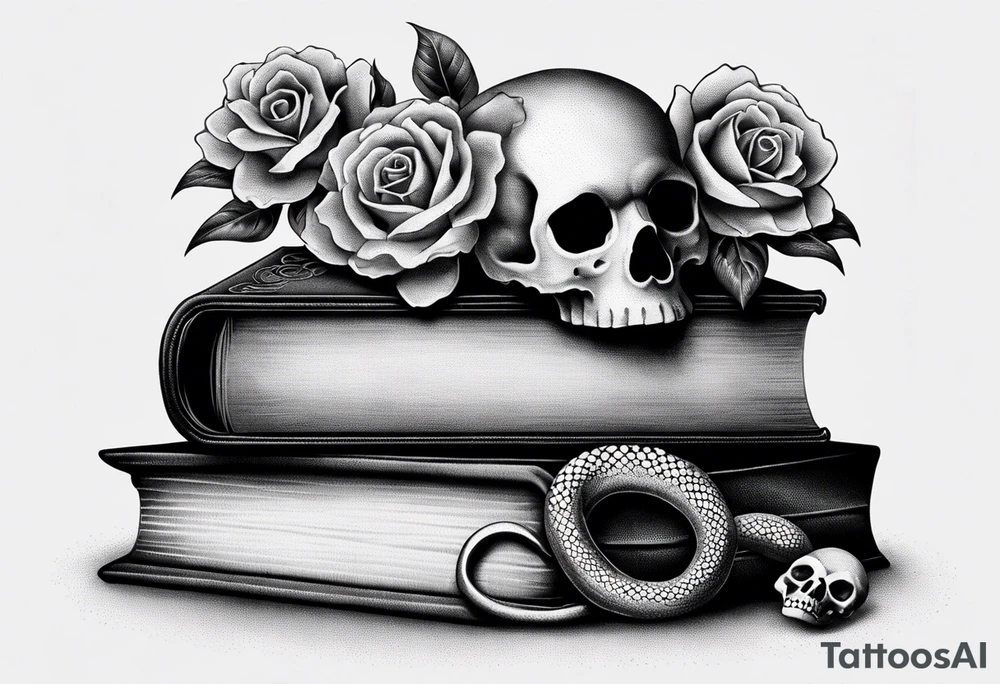 feminine stipple whip tattoo of stacked books and flowers with a snake and skull tattoo idea
