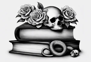 feminine stipple whip tattoo of stacked books and flowers with a snake and skull tattoo idea
