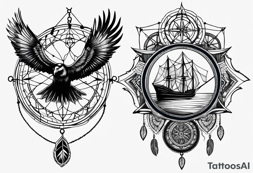 travel tattoo with dreamcatcher mantra luck, sea, plane tattoo idea