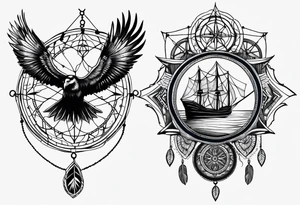 travel tattoo with dreamcatcher mantra luck, sea, plane tattoo idea