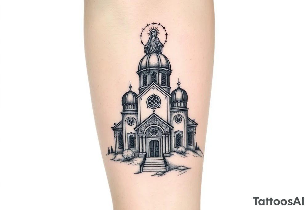 in a dorsal view a detailed orthodox church shrouded with a mist above and fading into a virgin mary overlooking above at the top tattoo idea