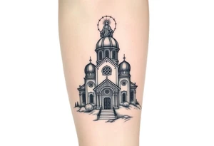 in a dorsal view a detailed orthodox church shrouded with a mist above and fading into a virgin mary overlooking above at the top tattoo idea