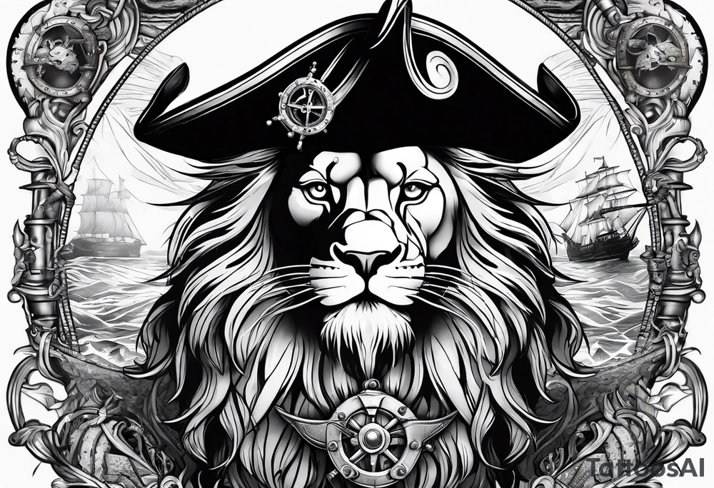 Pirate lion, nautical steampunk theme tattoo idea
