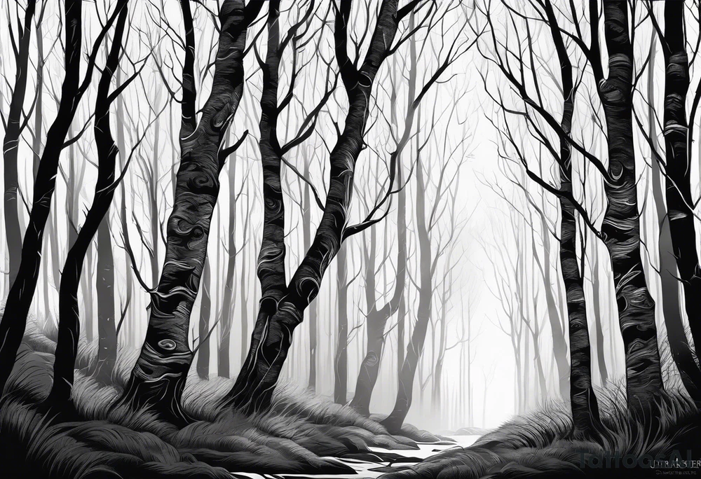 Leshy birch trees dark forest tattoo idea