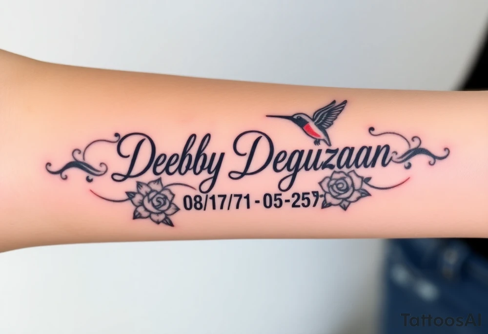 Tattoo of the name Debby Deguzman in chunky bold curly cursive with the exact dates of 08/17/61-05/29/25 surrounded by 1 hummingbird and 1 rose tattoo idea