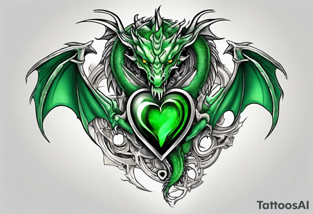dragon with green-stone heart tattoo idea
