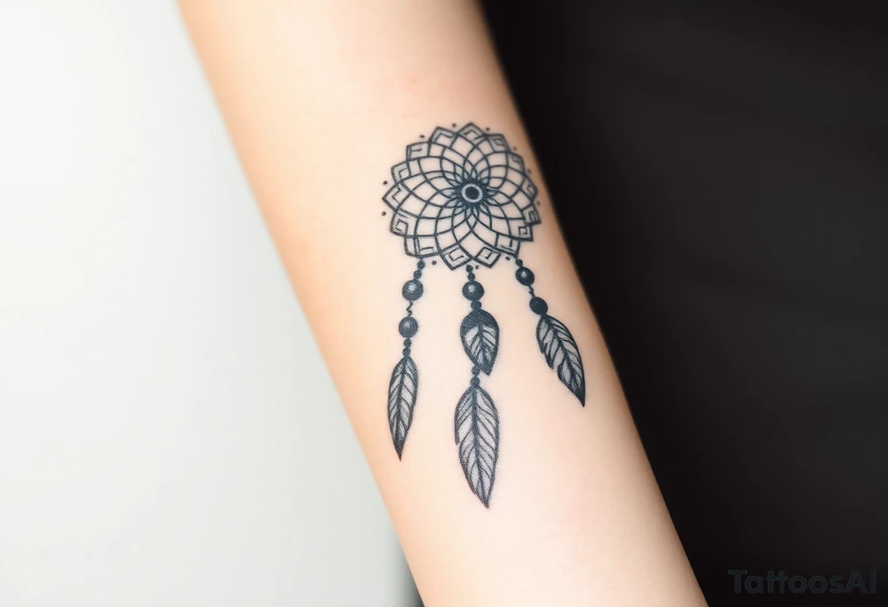 native dreamcatcher with flowing feathers and sacred beads tattoo idea