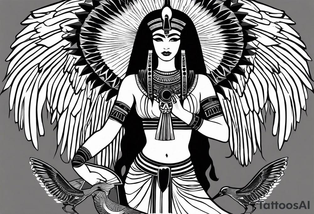 black and white Egyptian goddess Isis, who is often depicted as a woman with outstretched wings, holding an ankh (a symbol of life) in one hand and a lotus flower in the other. Her headdress often includes a throne or a solar disk. The tattoo design can vary in style and size, but it typically aims to capture the essence of this revered Egyptian deity, emphasizing her beauty, power, and maternal qualities. The choice of colors and additional elements can also be customized to create a unique and visually striking representation of the goddess Isis tattoo idea
