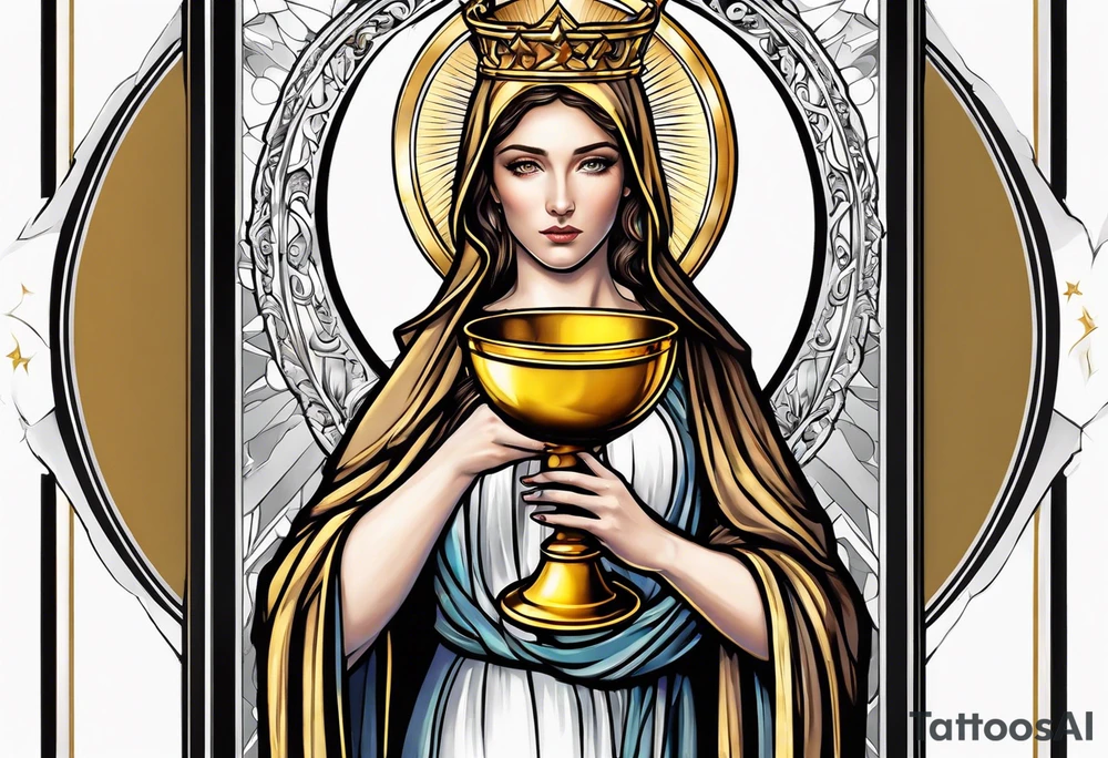 holy saint woman with golden halo holding a chalice tattoo idea