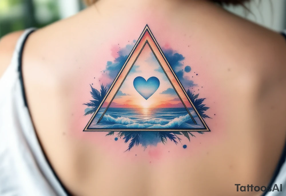 A triangle with a big heart in the center with an ocean travel theme tattoo idea