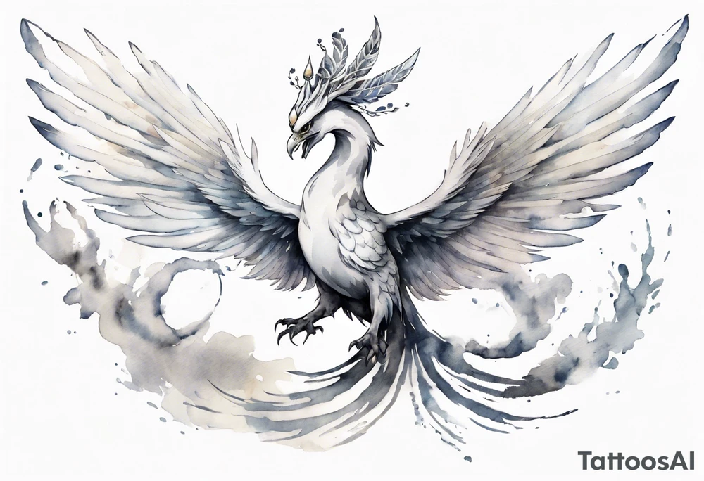 a white phoenix-serpent hybrid wearing a crown, flying in the air tattoo idea