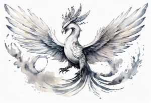 a white phoenix-serpent hybrid wearing a crown, flying in the air tattoo idea