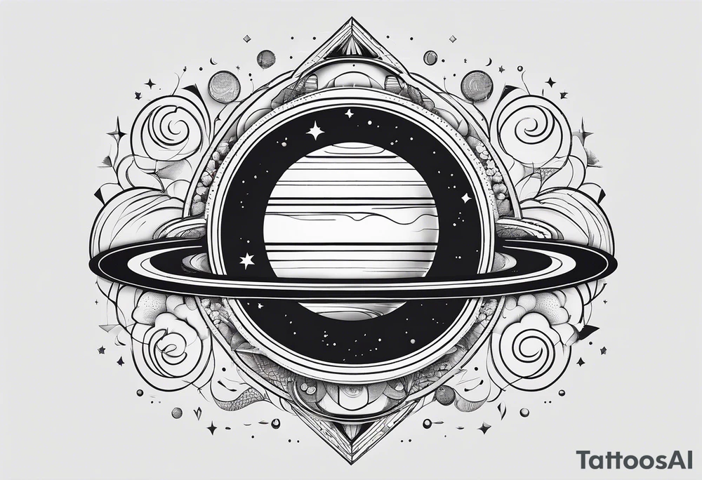 simple jupiter with circular objects and geometric elements, stippled shading, little bit of dotwork, white background tattoo idea