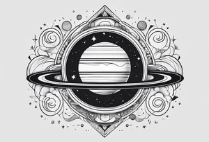 simple jupiter with circular objects and geometric elements, stippled shading, little bit of dotwork, white background tattoo idea