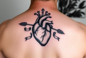 anatomical heart pierced by ornate arrow with flowing ribbons tattoo idea