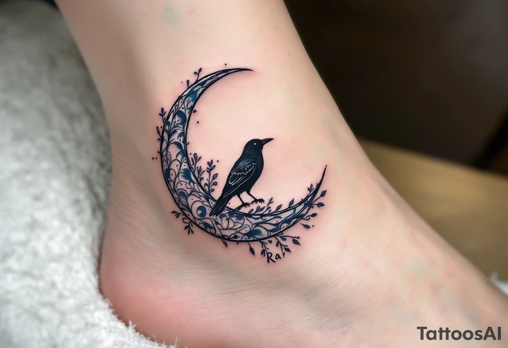 A silver crescent moon holding a small black raven, perched above protective script. tattoo idea