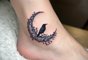 A silver crescent moon holding a small black raven, perched above protective script. tattoo idea