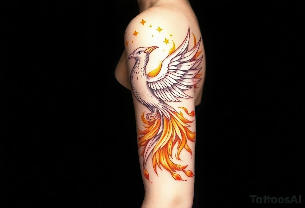 magnificent phoenix rising from golden flames with trailing embers tattoo idea