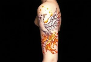 magnificent phoenix rising from golden flames with trailing embers tattoo idea