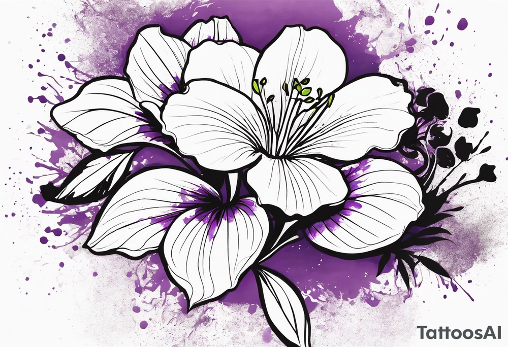 An outline of a rio dipladenia flower with a green and purple watercolor splash in the background tattoo idea