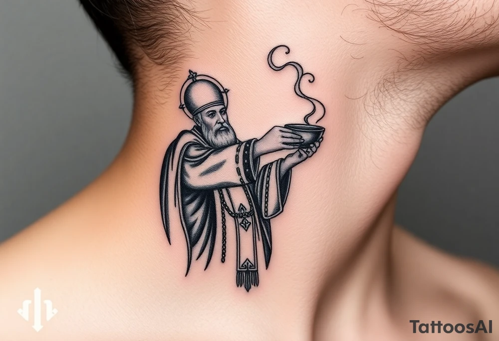 Russian Orthodox Priest in a fully detailed gold vestment swinging a censer with smoke curling upward tattoo idea