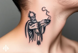 Russian Orthodox Priest in a fully detailed gold vestment swinging a censer with smoke curling upward tattoo idea