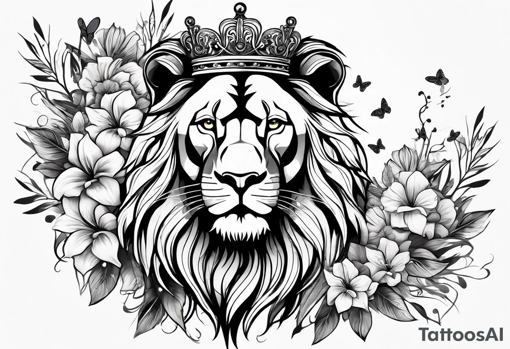 lion covered in lilies butterflies crown mane made of feathers tattoo idea
