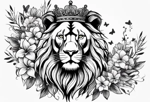 lion covered in lilies butterflies crown mane made of feathers tattoo idea